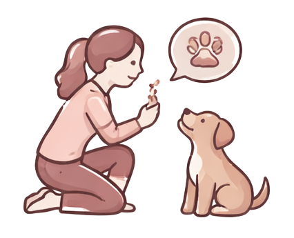 An illustration of a dog sitting in front of an owner who is kneeling down