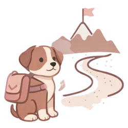 An illustration of a dog with a backpack on a road leading to a mountain