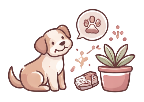 An illustration of a dog in front of a houseplant