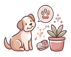 An illustration of a dog in front of a houseplant
