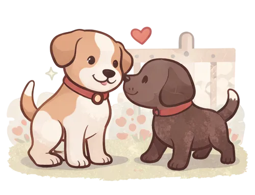 An illustration of 2 dogs meeting each other with a love heart above them