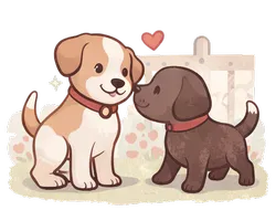 An illustration of 2 dogs meeting each other with a love heart above them